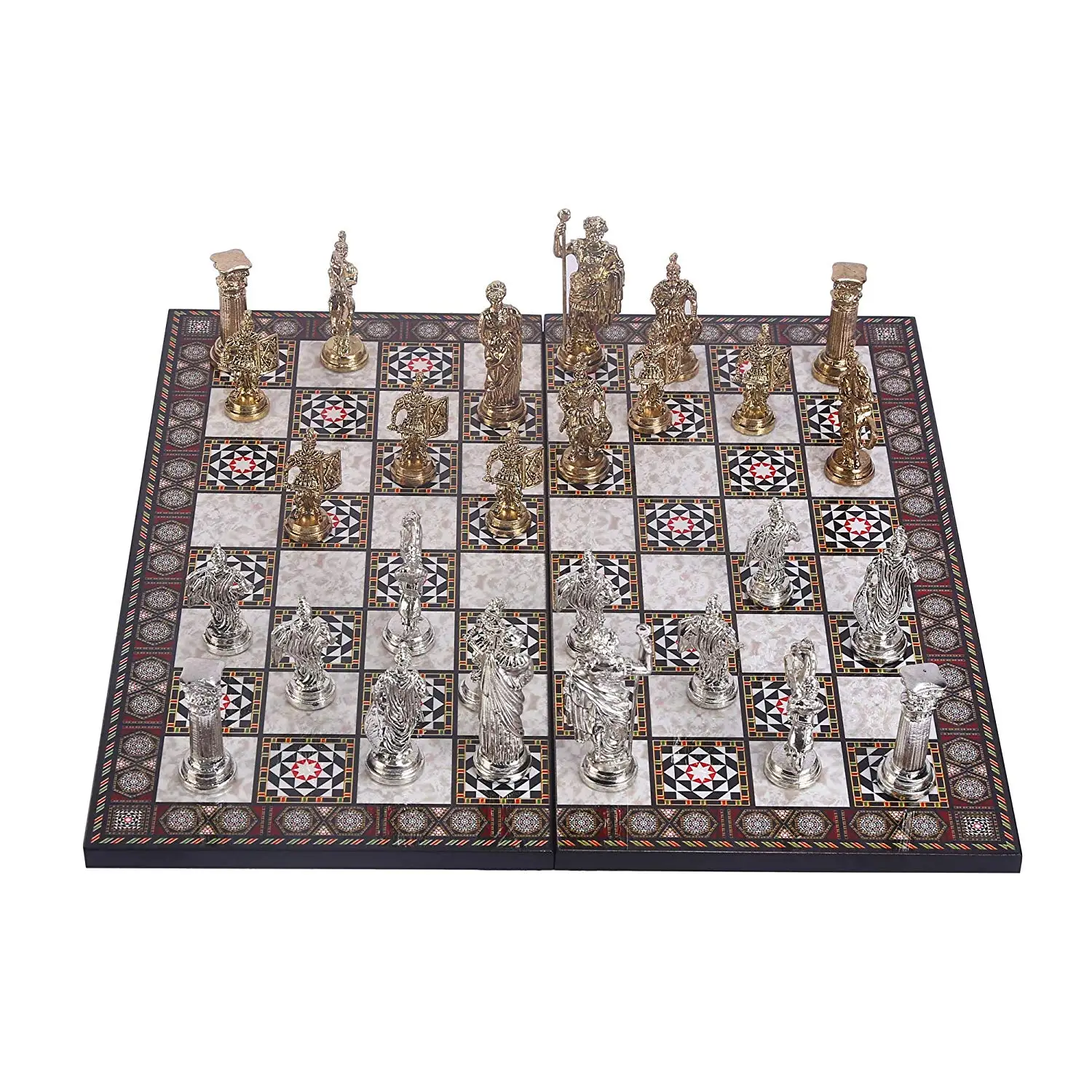 

Historical Rome Figures Metal Chess Set for Adult,Handmade Pieces and Mother-of-Pearl Design Wood Chess Board King 11 cm