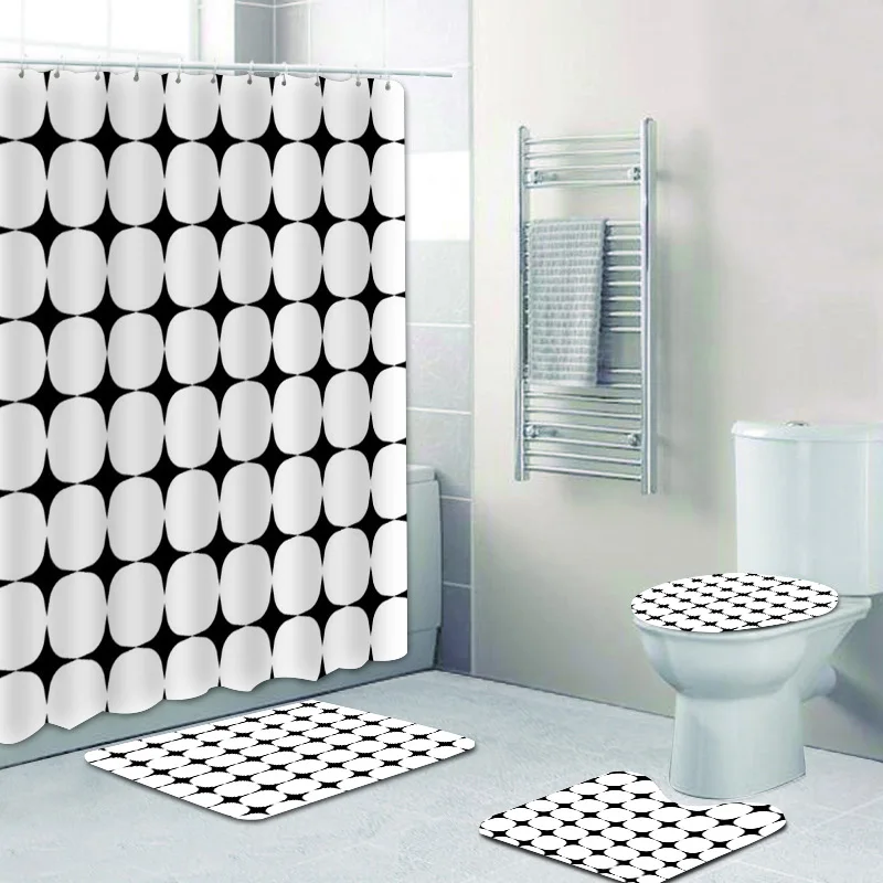 Simple Mid Century Modern Black White Geometric Pattern Bathroom Shower Curtain Set Retro Minimal Bath Curtains Mat Home Decor