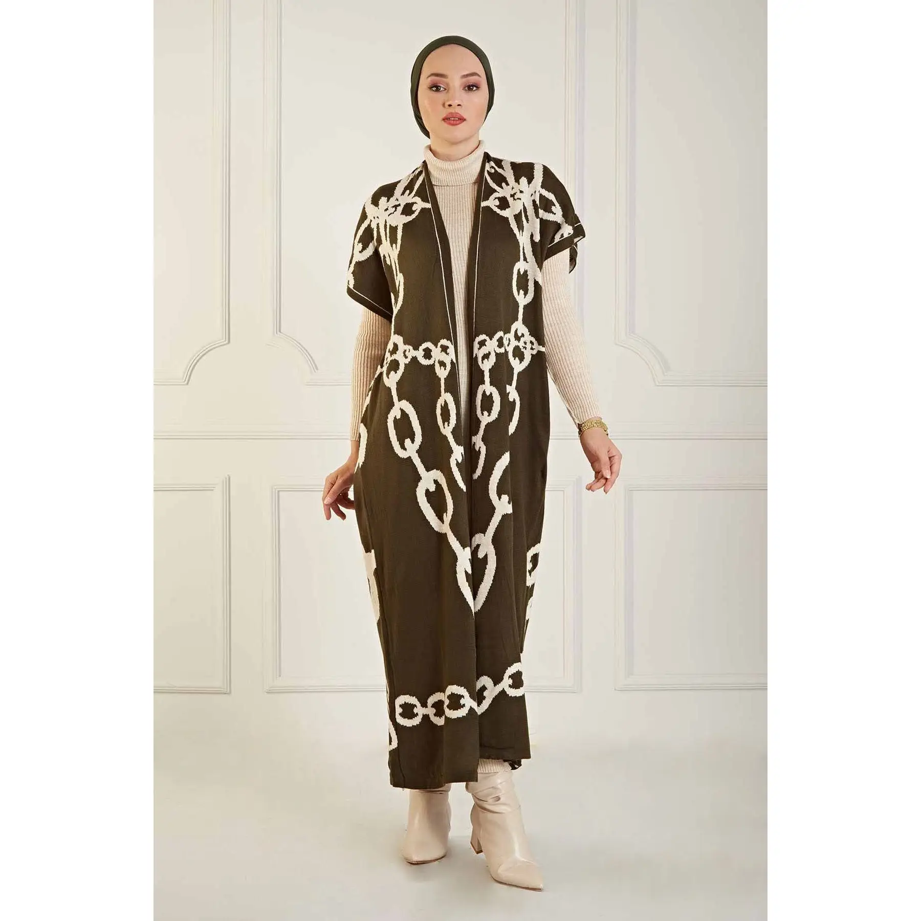 2 Piece Women\'s Knitted Set Maxi Turtleneck Dress and Maxi Bat wing sleeve Cardigan Chain Patterned Knitwear Suit Muslim Fashion