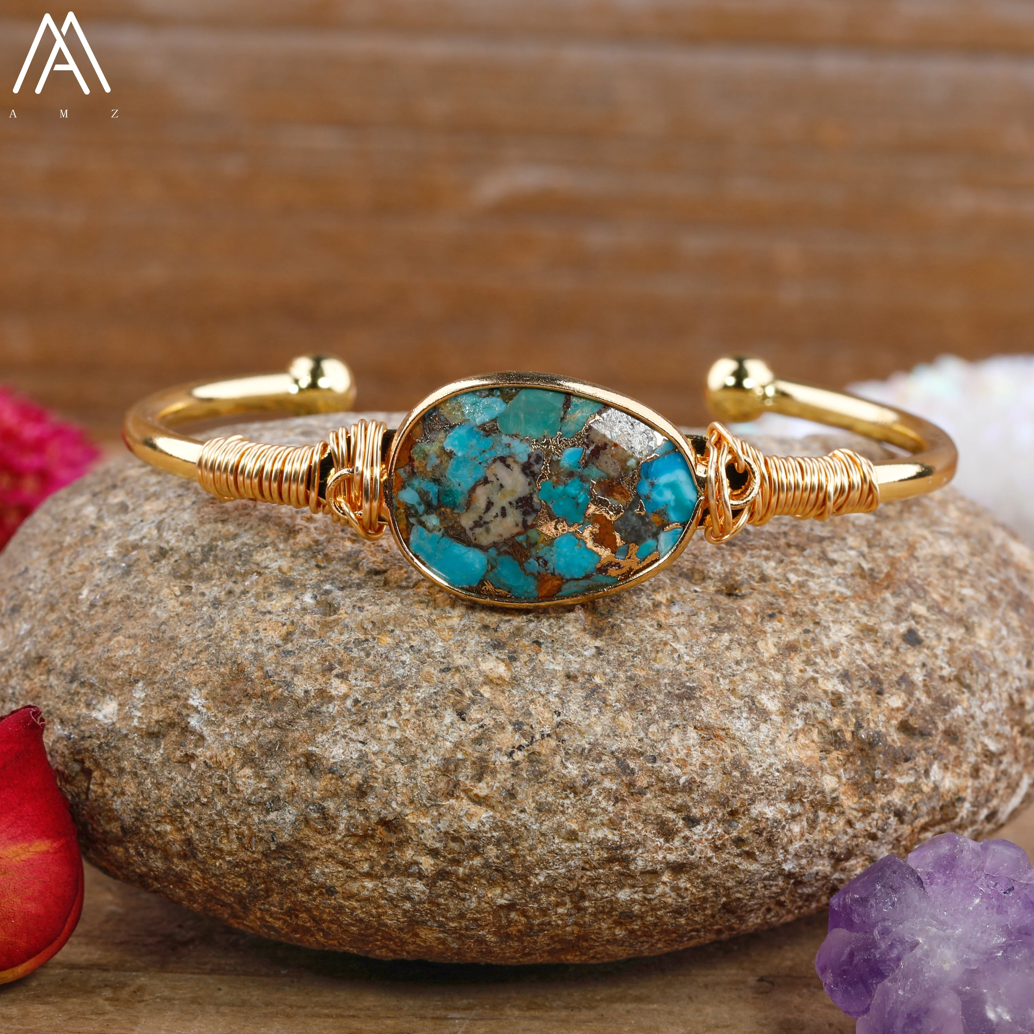 Natural Gold Line Turquoises Stone Open Cuff Bangle For Women Fashion Quartz Crystal Craft Jewelry Gift Dropship