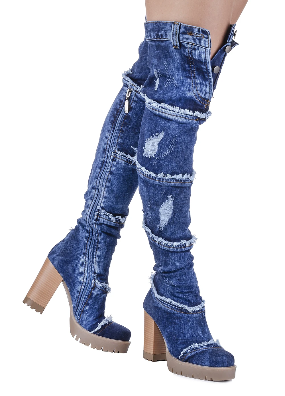 Denim Boot Above Knee Boots  Handcrafted Sexy Design Blue Pattern Embroidered Denim Women's boots birthday present