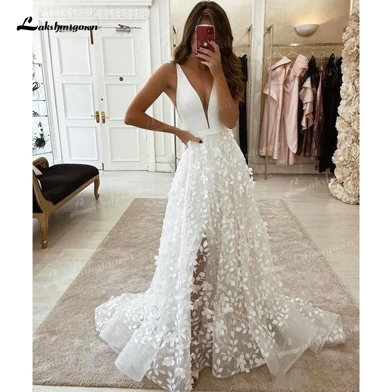 Boho V-neck Off the Shoulder koronkowe aplikacje A-Line suknia ślubna 2023 satynowa suknia ślubna Sweep Backless piętro robe de mariée