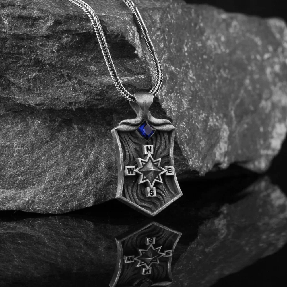 925K Sterling Silver Compass Necklace, Oxidized Jewelry, Exclusive Sapphire Pendant For Unisex, GIFT For Him Made In Turkey