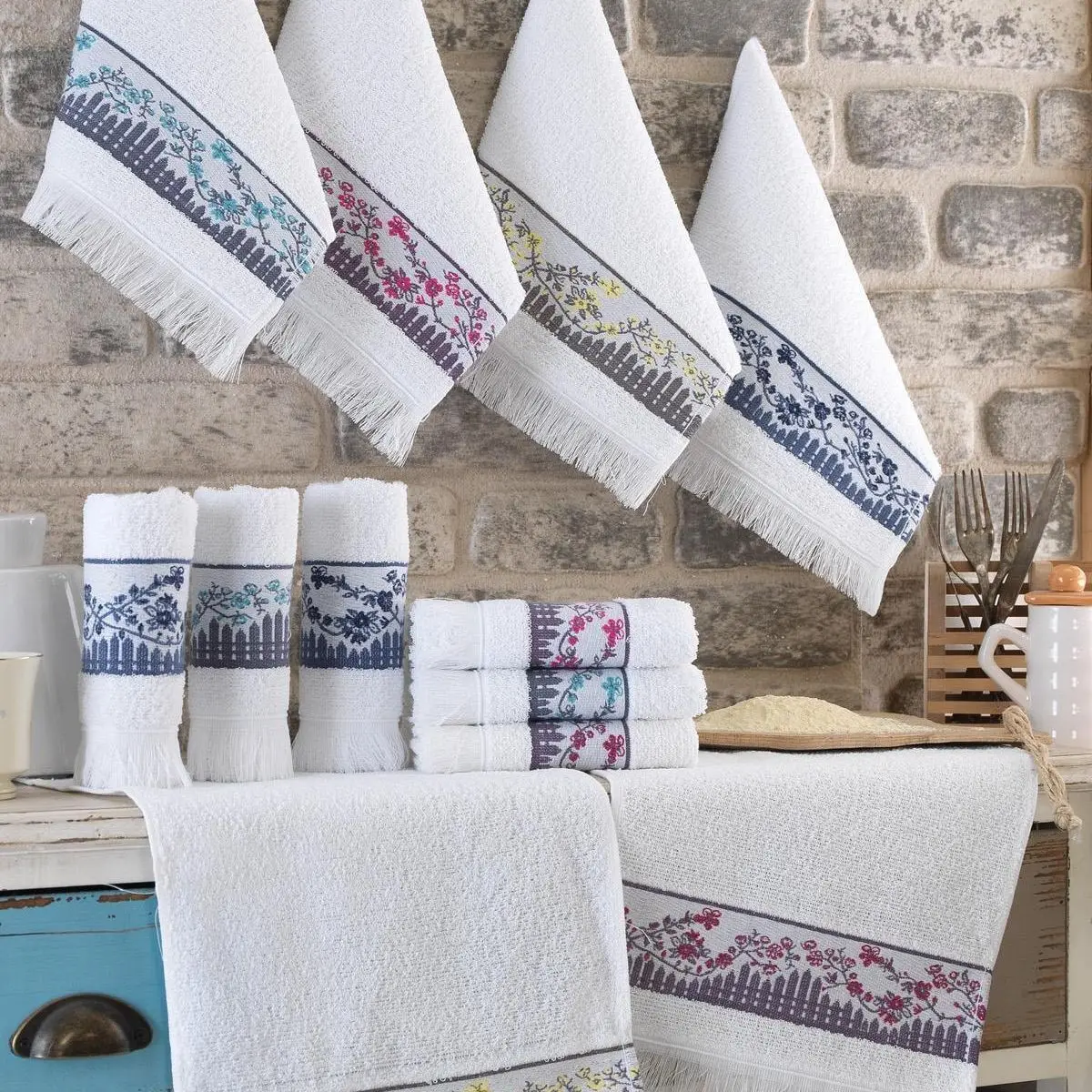 Garden Floral Embroidered Hand and Face Towel Set 12 pcs 30x50 cm soft textured palaj sea house pool washable easily