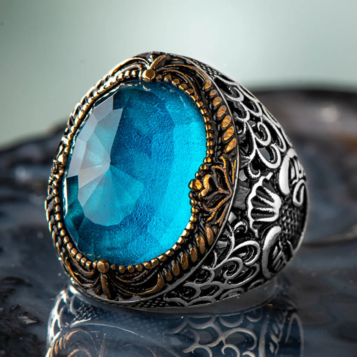 

925 Sterling Silver Unique Design Aqua Stone Men's Ring with Arabic Letter Wav Exclusive Accessory Ring for Men Made in turkey