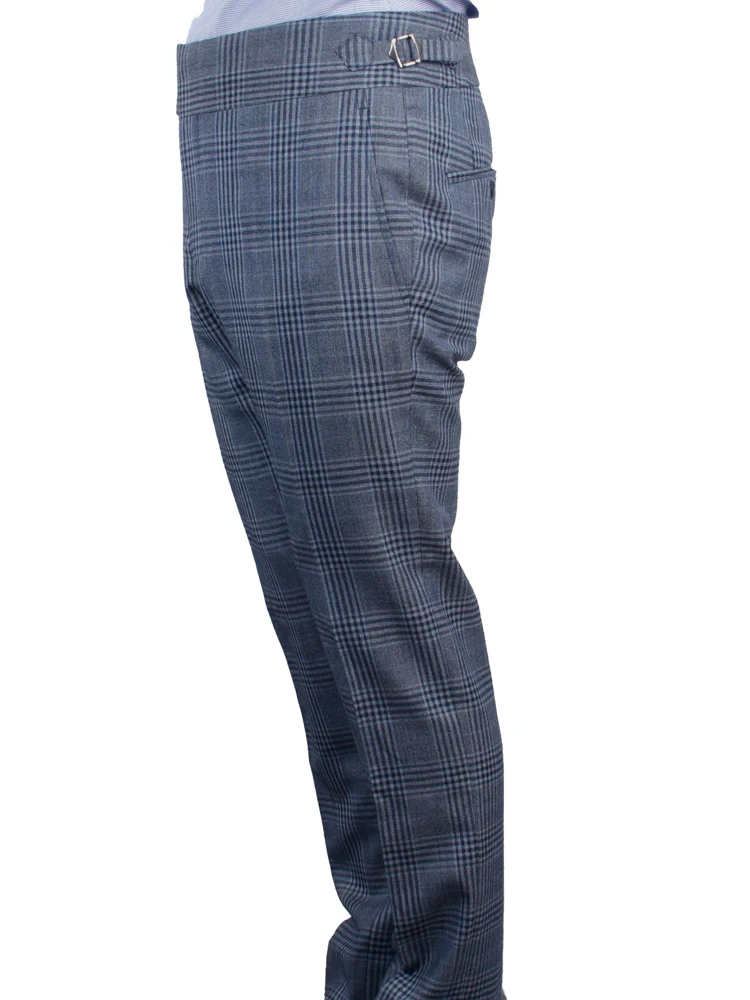 Italian Naples Style Tailor Made Trousers Large Extended Tab Fastening Belt Thick Waistband Side Adjuster Blue Grey Plaid Tailor