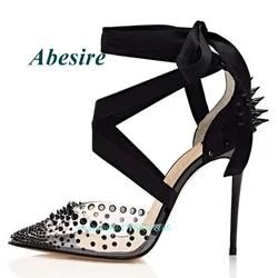 Décolleté da donna punta a punta nera tacchi trasparenti scarpe con borchie décolleté trasparenti rivetto tacchi a spillo tacchi alti elegante estate Sexy