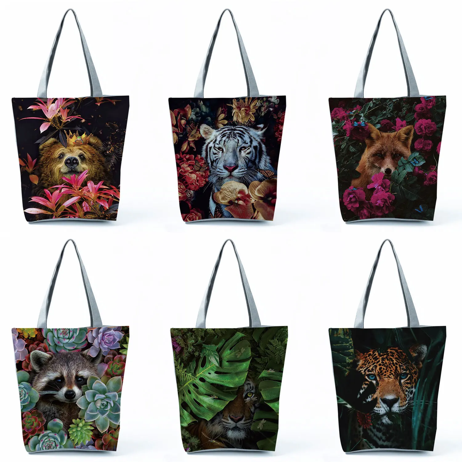 Bolso de mano con estampado de Tigre, León, zorro, flor nórdica, bolso de hombro portátil, informal, reutilizable, bolsas de compras de alta capacidad