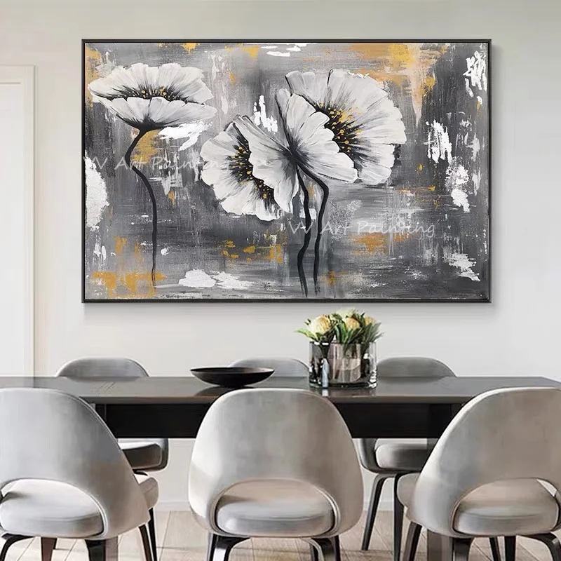 

Handmade White Flower Grey Canvas Large Modern Abstract Oil Painting Drawing For Living Room Decor Painted Gift