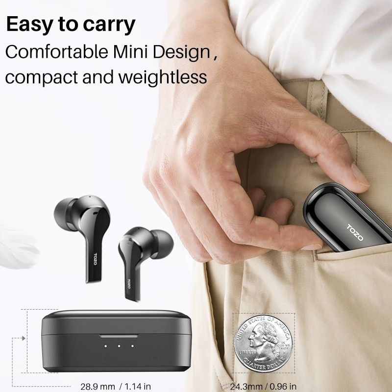 Słuchawki Bluetooth TOZO T9, bezprzewodowe słuchawki douszne z 4 mikrofonami z redukcją szumów, krystalicznie czyste połączenia IPX7 wodoodporne, szybkie ładowanie