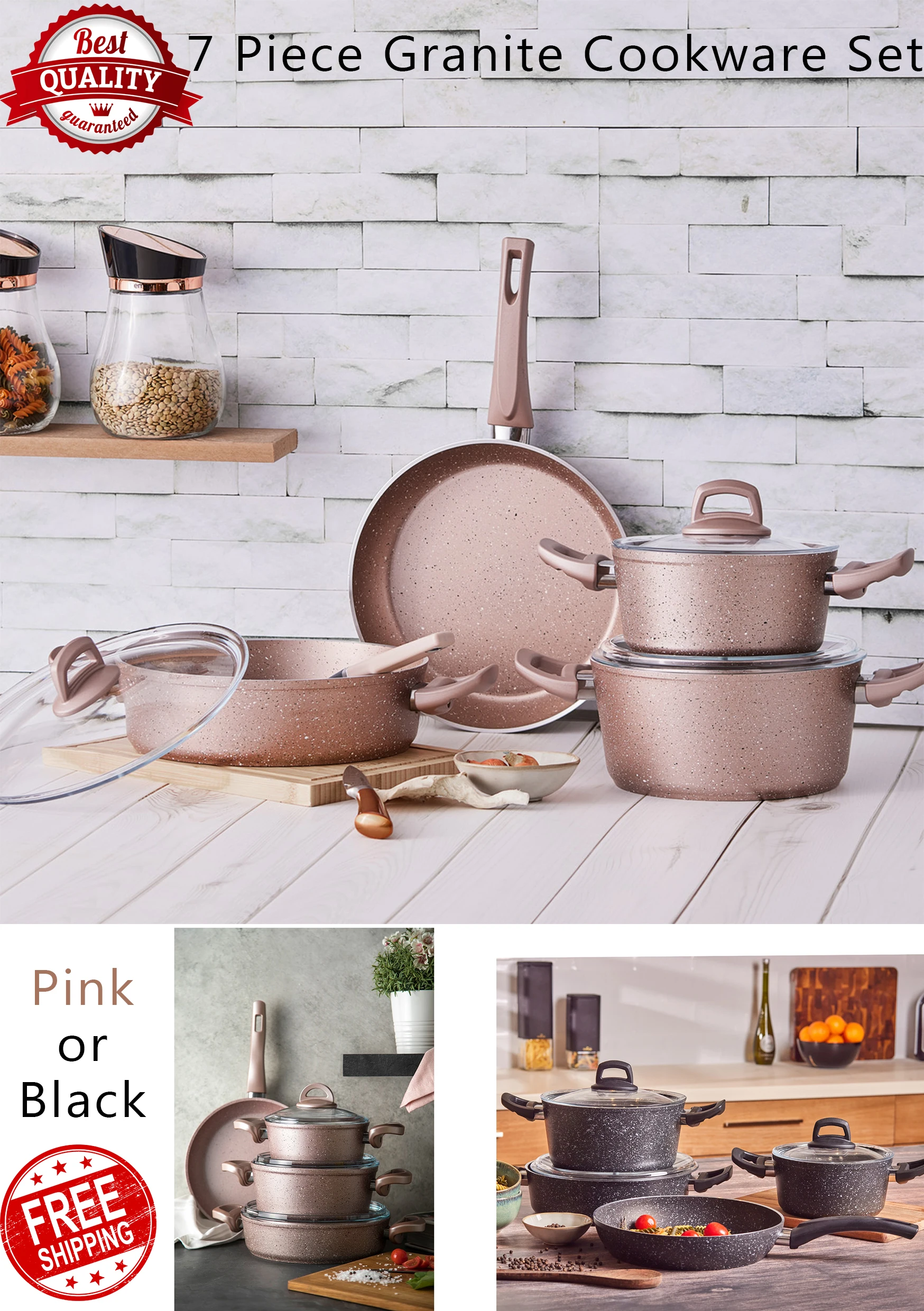 Emsan 7 Pieces Black or Pink Granite Cookware Set Top  Quality Kitchen Suitable for Induction Cooker Firepro Nonstick