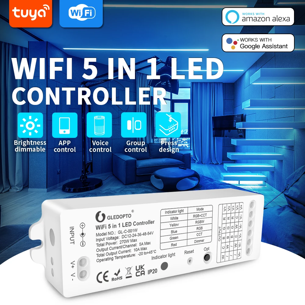 Gledopto Yandex 5 in 1 WiFi LED Strip Controller RGB CCT Dim Work with Tuya Smart Life App Alexa Voice Control No Hub Require