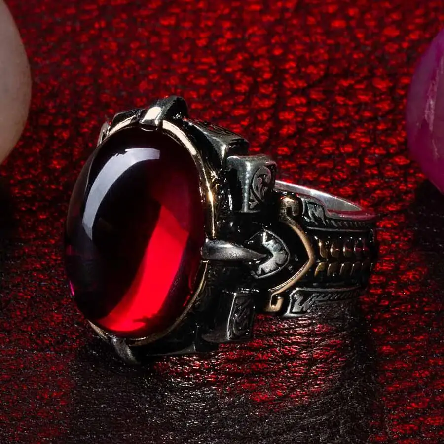 Oval Plain Model Red Zircon Gemstone Men Ring Shield Handmade Vintage Jewelry 925  Sterling Silver Gift Accessories Good Quality