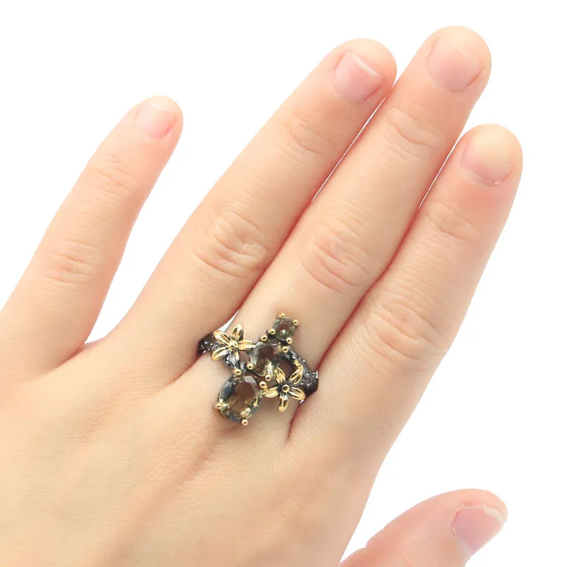 Buy 3 get 1 free 21x19mm Gothic Flowers Vintage Created Smokey Topaz for Girls Black Gold Color Gothic Unique Silver Rings