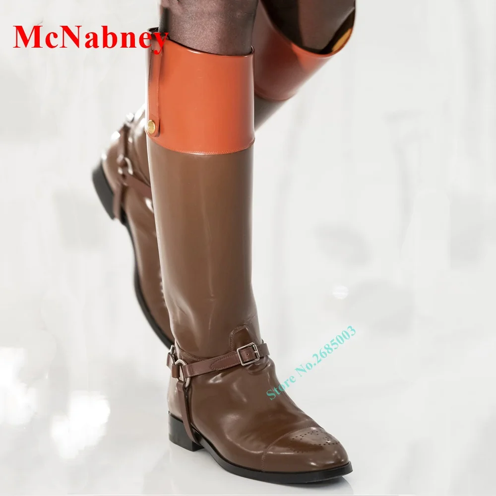 Mixed Colors Pointy Toe Boots Knee High Leather Buckles Patchwork Slip On Boot Women Shoe Autume Winter Party Dress Fashion Boot