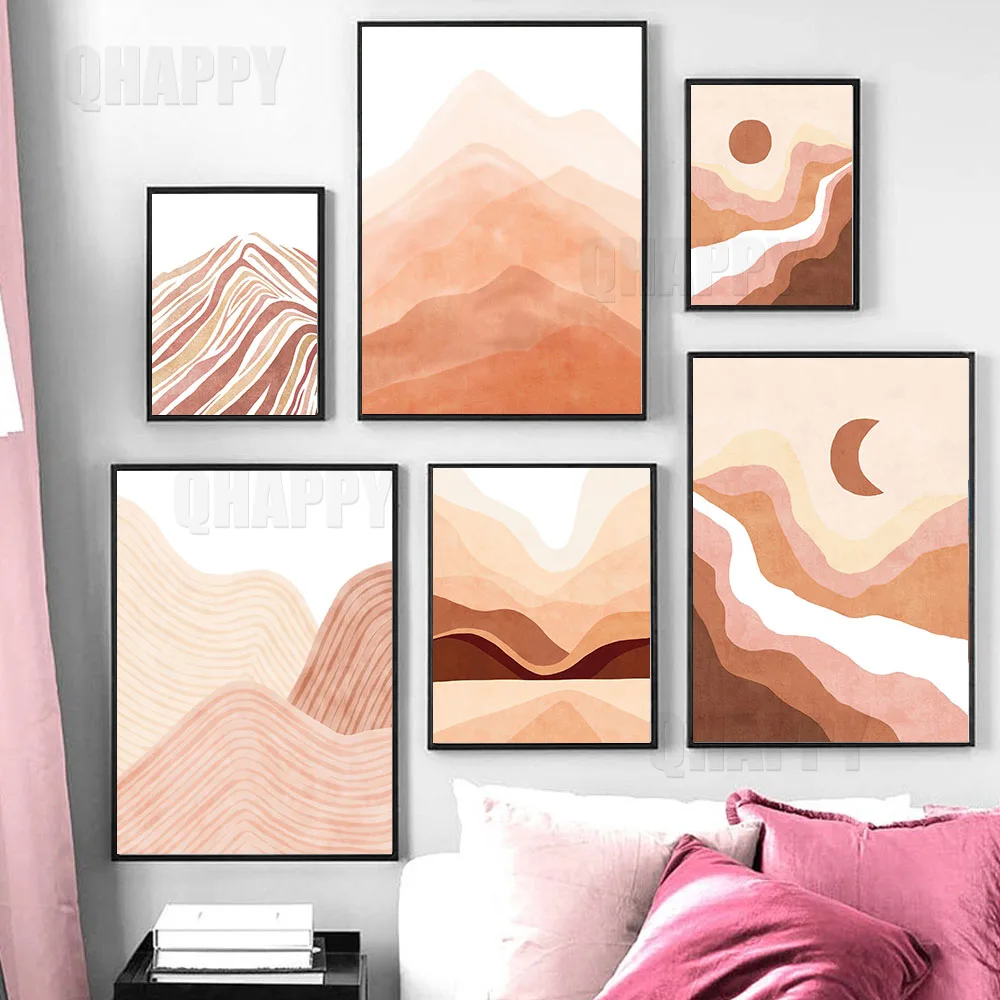 

Boho Mountain Sun And Moon Landscape Abstract Wall Art Canvas Painting Watercolor Mountain Hills Art Poster Prints Home Decor