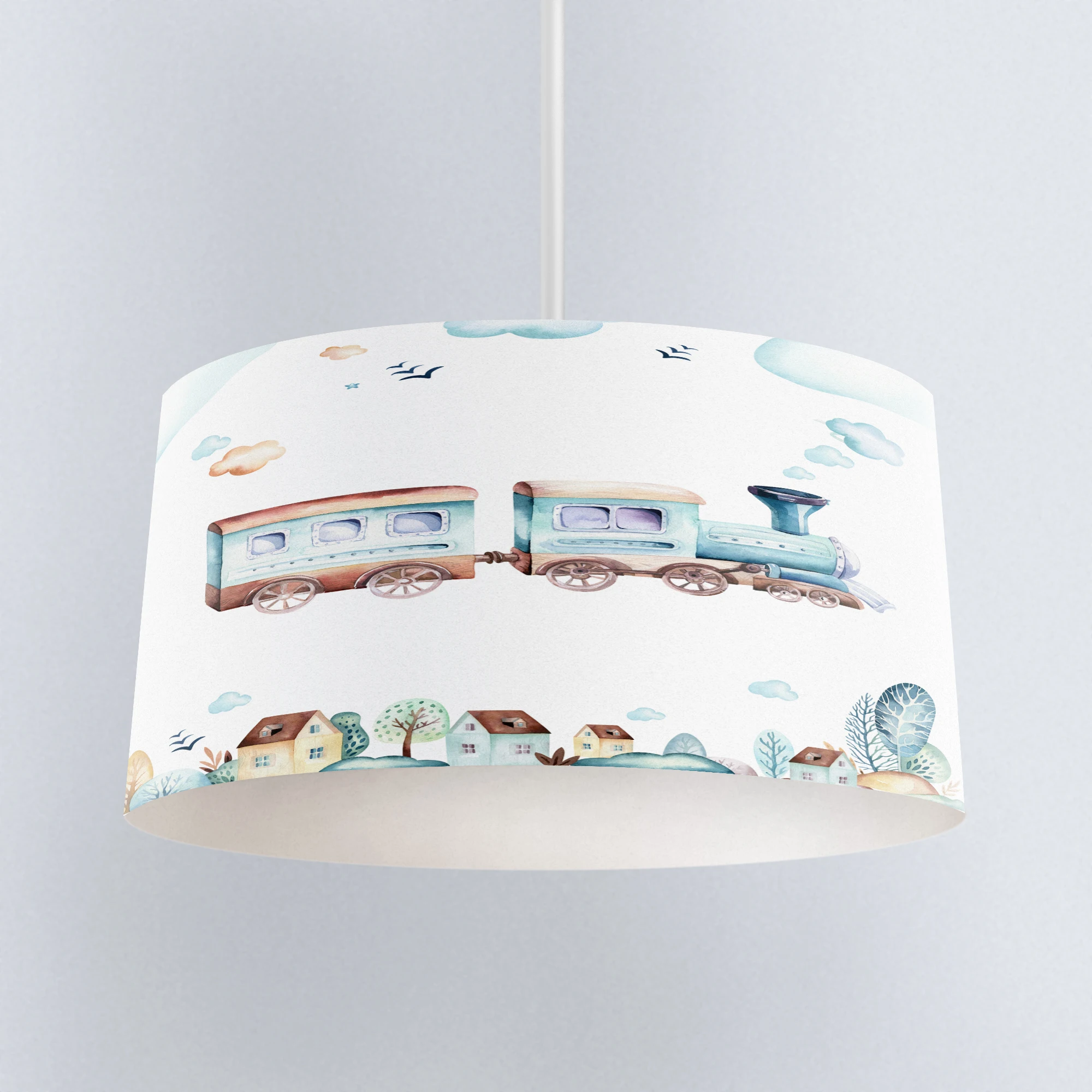 

Else Blue Train Clouds City Town Print Fabric Kids Chandelier Lamp Drum Lampshade Floor Ceiling Pendant Light Shade
