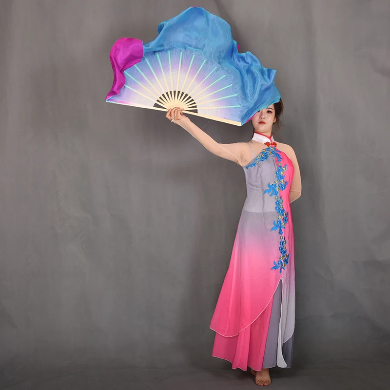 Women Bellydance Silk Veil Pairs Adults Real Silk Fan Veil Double Sided Bamboo Long Fan Hand Dye Blue Pink Flowy Dancer Props