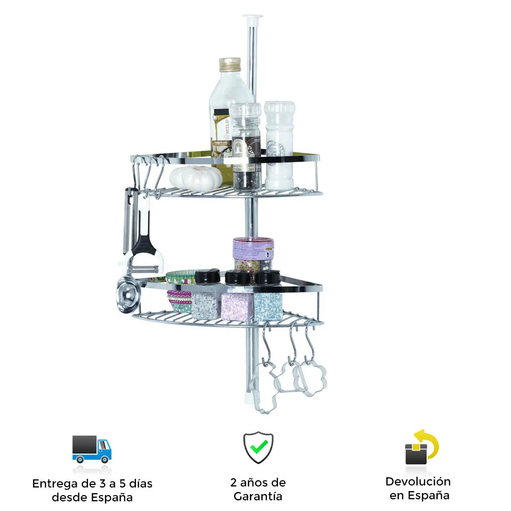 Estantería de cocina con barra telescópica, 2 estantes, 6 ganchos, acero, resistente, estanteria, estanteria de cocina