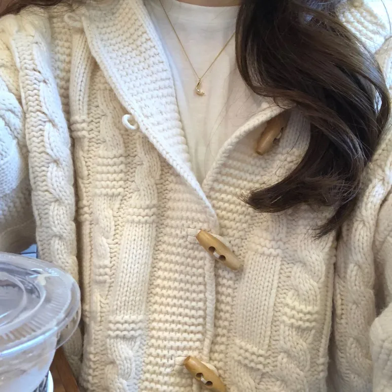 Coarse Knit Long-Sleeved Cardigan Jacket Over Size Sweashirt Sweater Woman Ladyโs Bouses