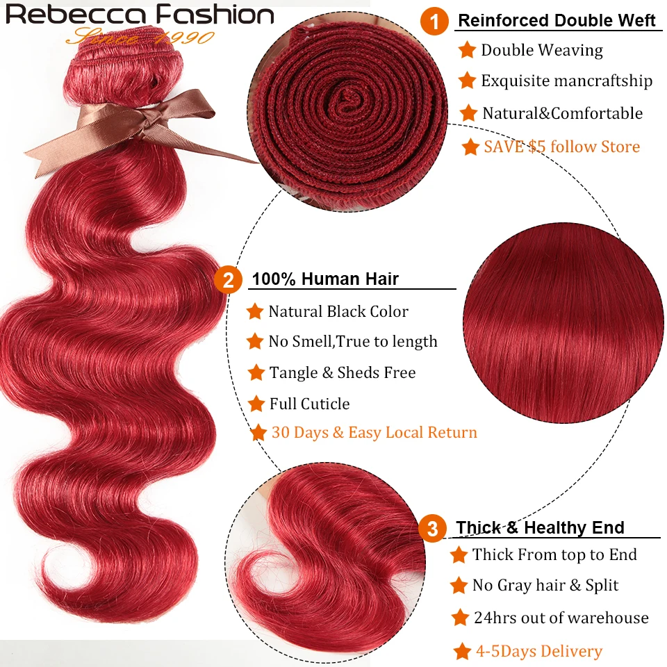 Rebecca Brazilian Body Wave Bundles Red Burgundy 1/3/4 Bundles Human Hair Bundles Extensions Brazilian Hair Weave Bundles Deals