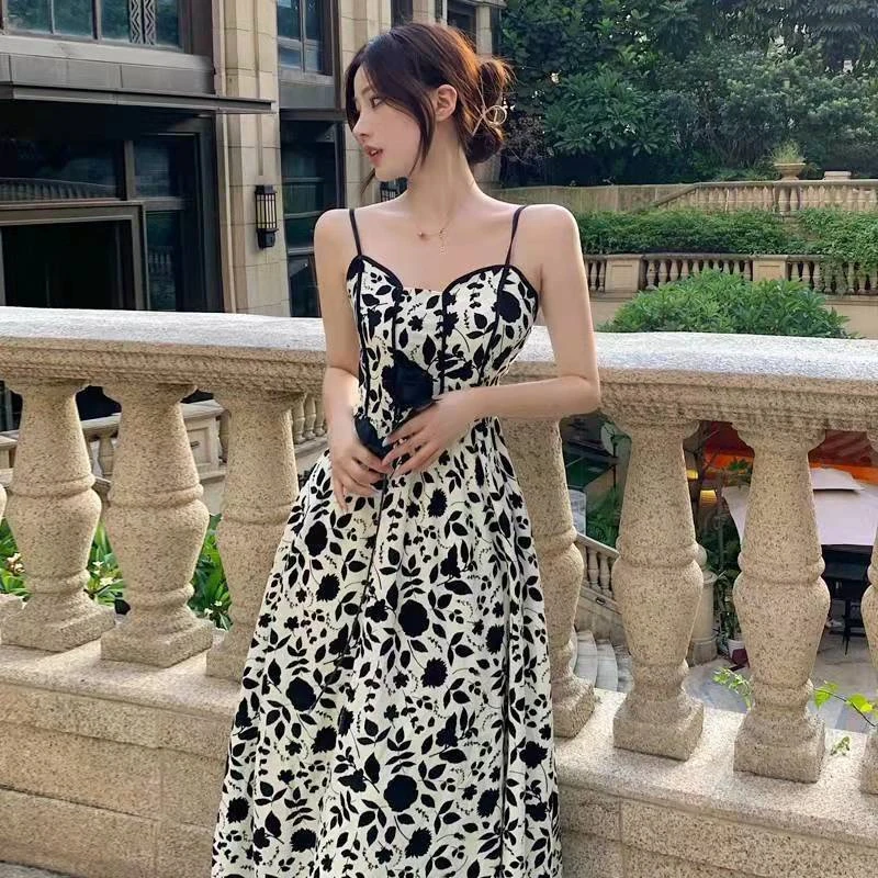 

Sleeveless Dress Women Classic Retro Chiffon Print Vintage Party Stylish Sling Floral Long Summer Floarl Elegant Casual Dress