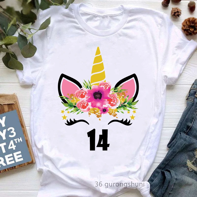 Birthday Girl 14th Graphic Print Tshirt Girls Harajuku Kawaii Clothes Golden Crown Love T-Shirt Femme Summer Tops Tee Shirt