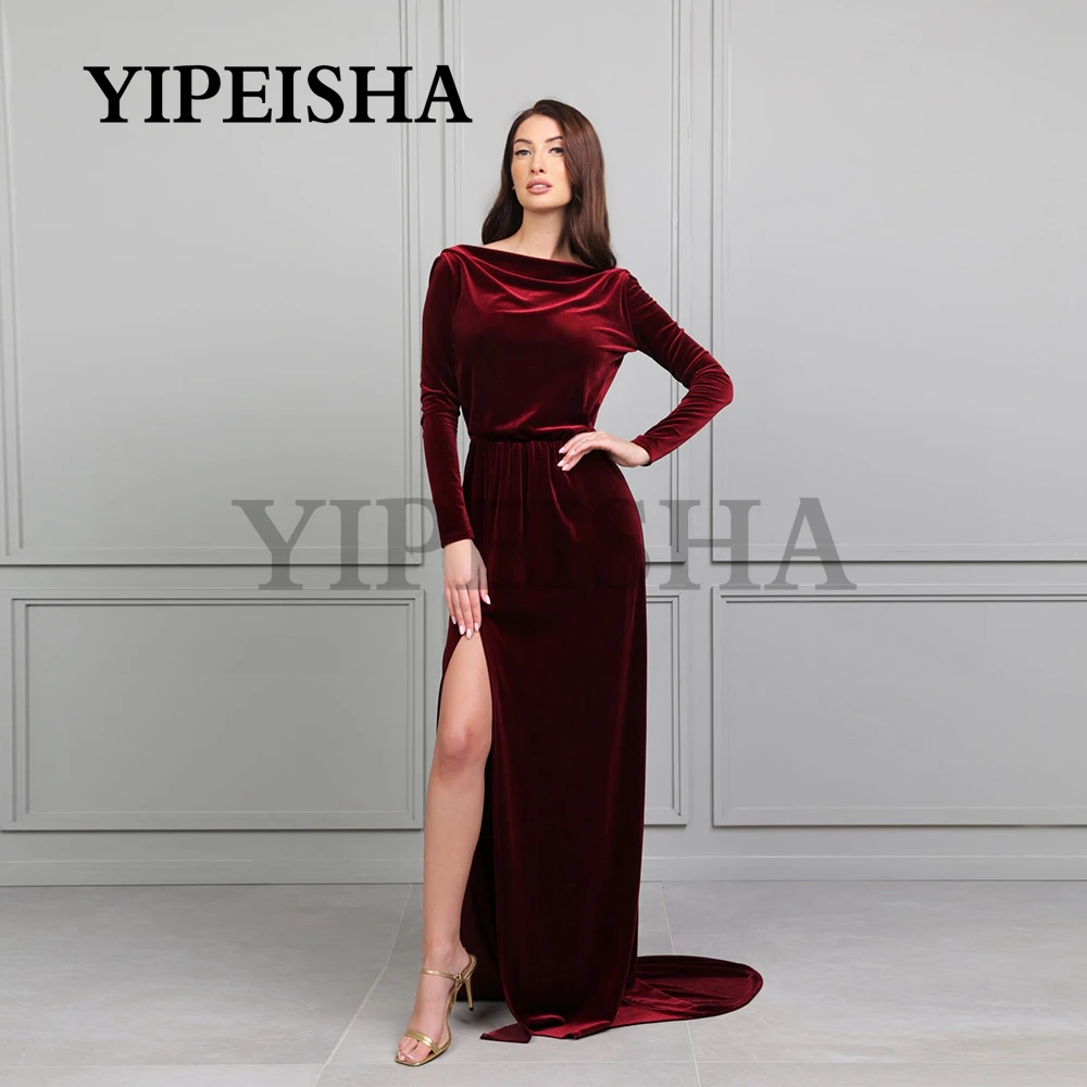 

Customized Scoop Front High Split Evening Dresses Backless Long Sleeve Sweep Train Velour Prom Party Gown Robe De Soirée Femme V