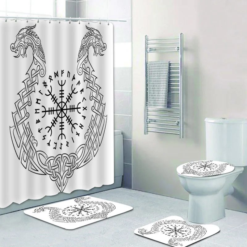 Aegishjalmur-Ensemble de rideaux de douche Viking Symdazers, Helm of Awe, Dragon magique islandais, Bateau, Rideaux de douche, Tapis de bain, Tapis, Décor