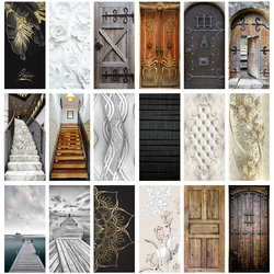 Modern Luxury Stair White Flower Door Sticker Europe Wooden Door Contact Wallpaper Entrance Corridor Bedroom Wall Decor Adhesive