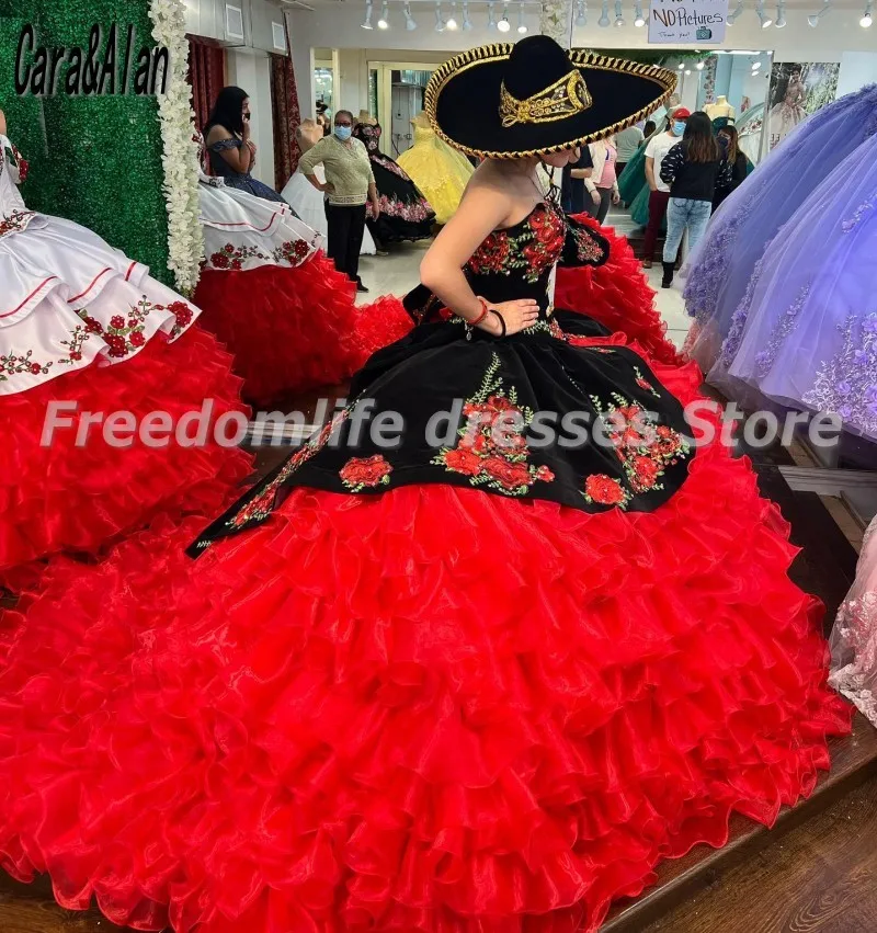 Cara&Alan Charro Vestidos De 15 Años 2022 Black and Red Quinceanera Dresses Floral Applique Ruffles Mexican Girls Brithday Wear