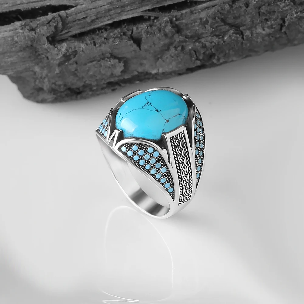 925 Sterling Silver Ring for Men  Turquoise Stone Jewelry Fashion Vintage Gift Onyx Aqeq Mens Rings All Size