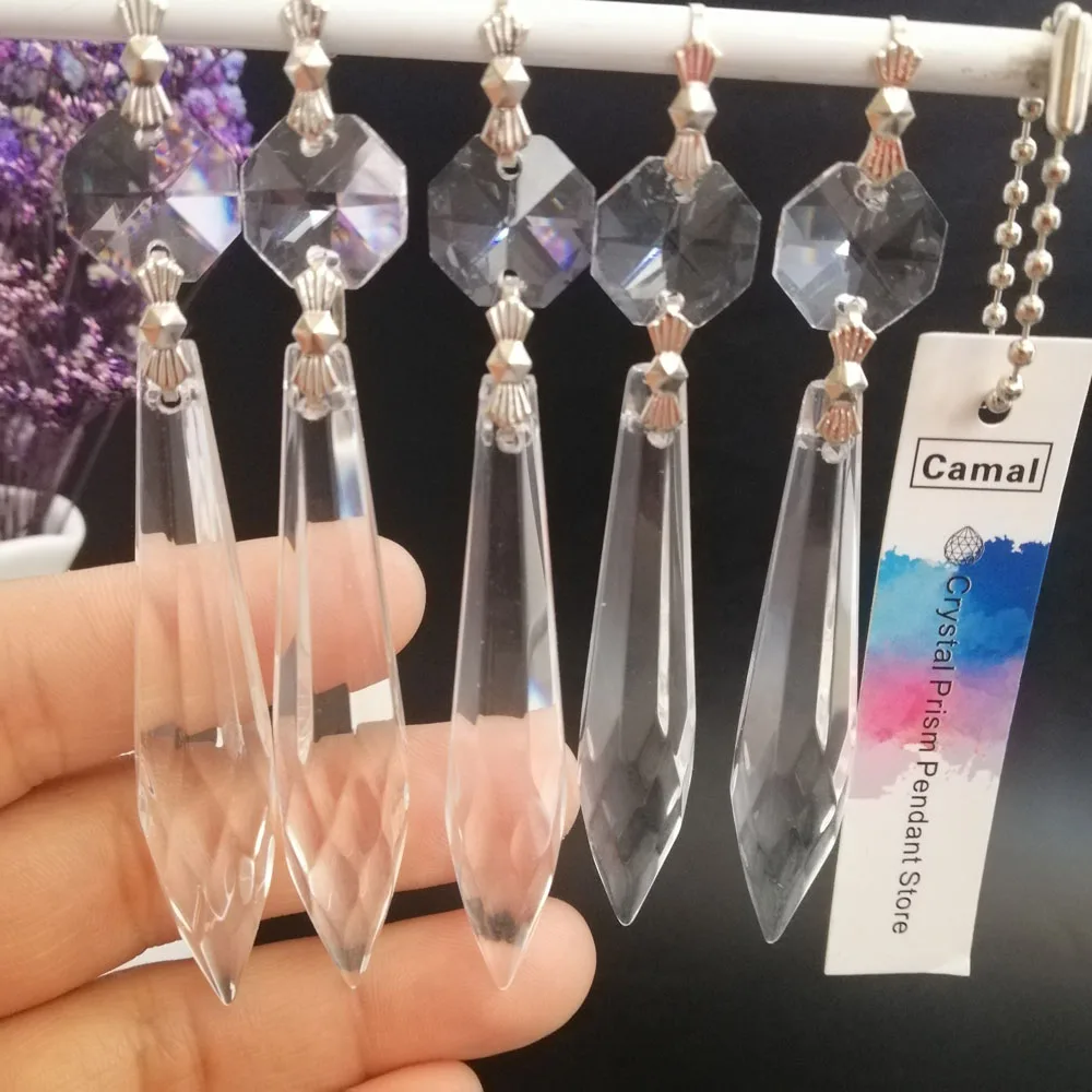 Camal 5Pcs Crystal 63mm Multifaceted Icicle U-Drop Chandelier Prism Pendant Octagonal Bead Hanging Lamp Lighting Part SunCatcher