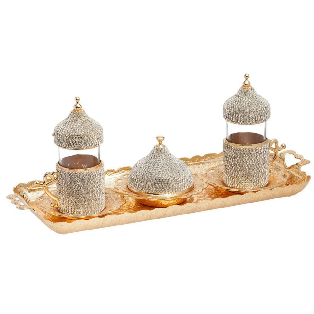 (Set of 2) Handmade Turkish Tea Glasses Set, with Plate  Decorated with Swarovski Type Crystal and Pearl