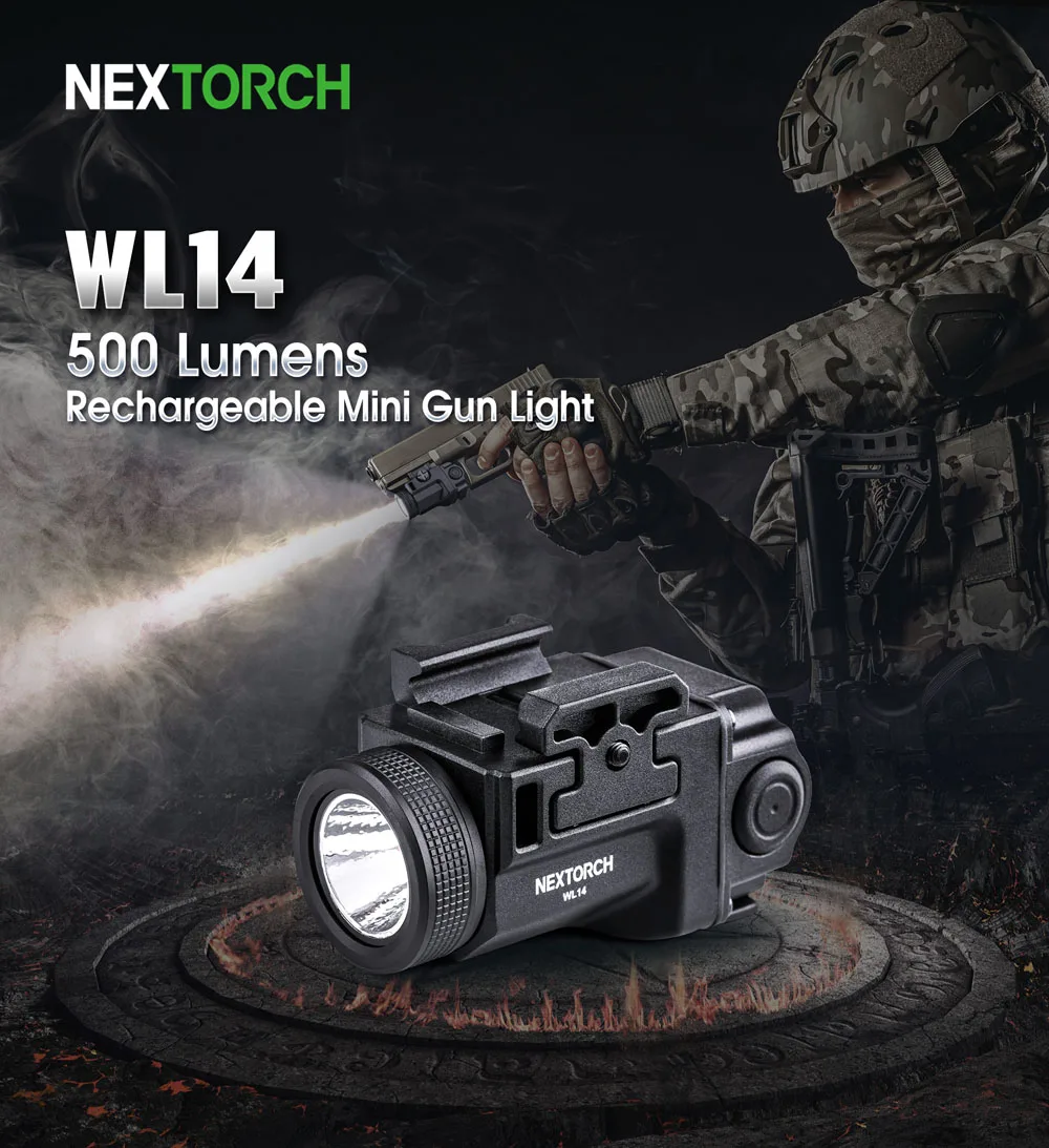 NEXTORCH Weapon Light Mini Pistol Mount 500 Lumens Type-C Rechargeable IPX7 Waterproof G lock Railway WL14