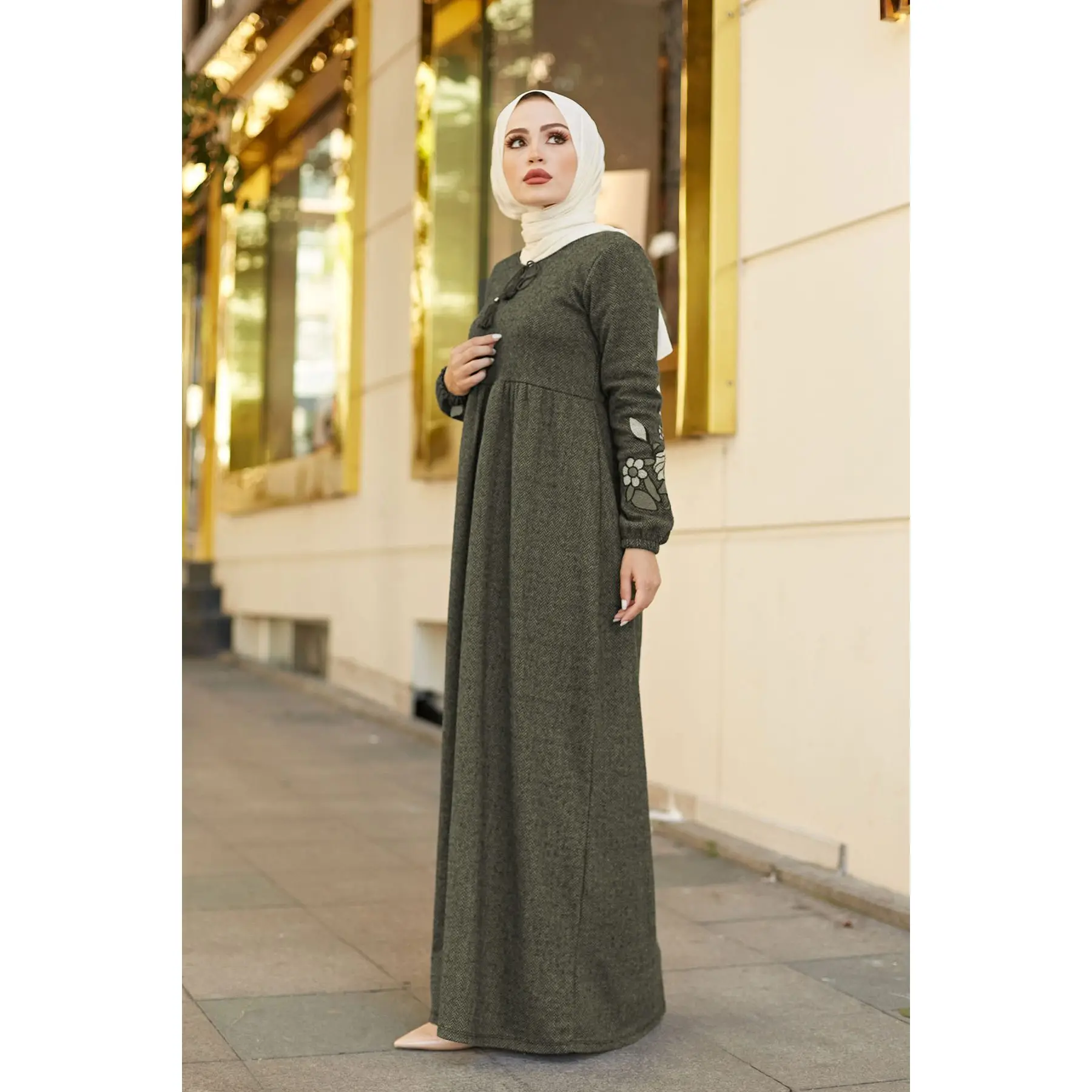 Big Size Maxi Women\'s Dress Herringbone Fabric Collar Detailed Long Flower Pattern Sleeved Dress Turkey Muslim Fashion Abaya