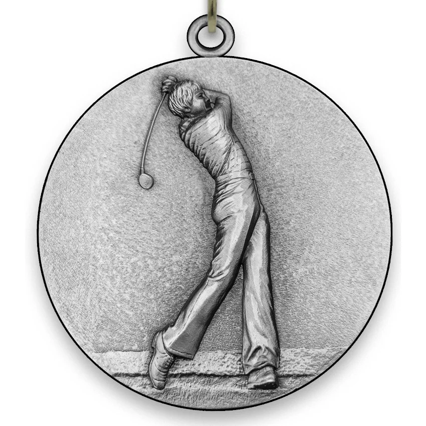 Large Metal Golf Male Silver Medal - 6,4 cm - with Neck Ribbon size 2,2cm x 80 cm - Choice of Ribbon Colours.