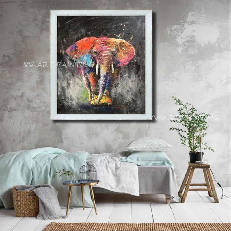 Nordic Handmade Colorful Elephant Oil Painting, Impasto Square Canvas Art, Modern Unframed Animal Wall Decor for Living Room
