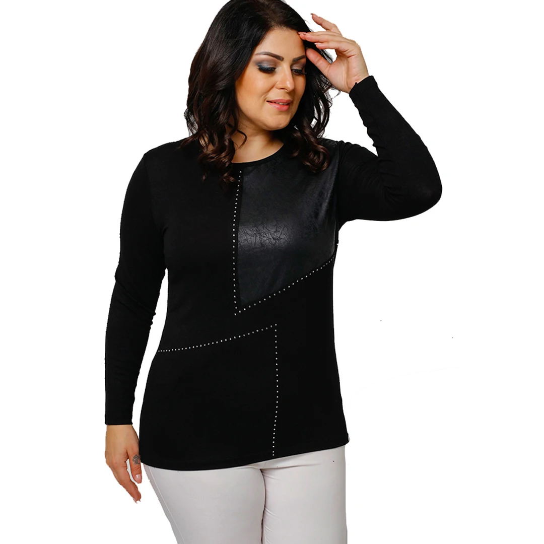 

Women’s Plus Size Leather Look and Stone Work Detailed Black Blouse, Designed and Made in Turkey, New Arrivals