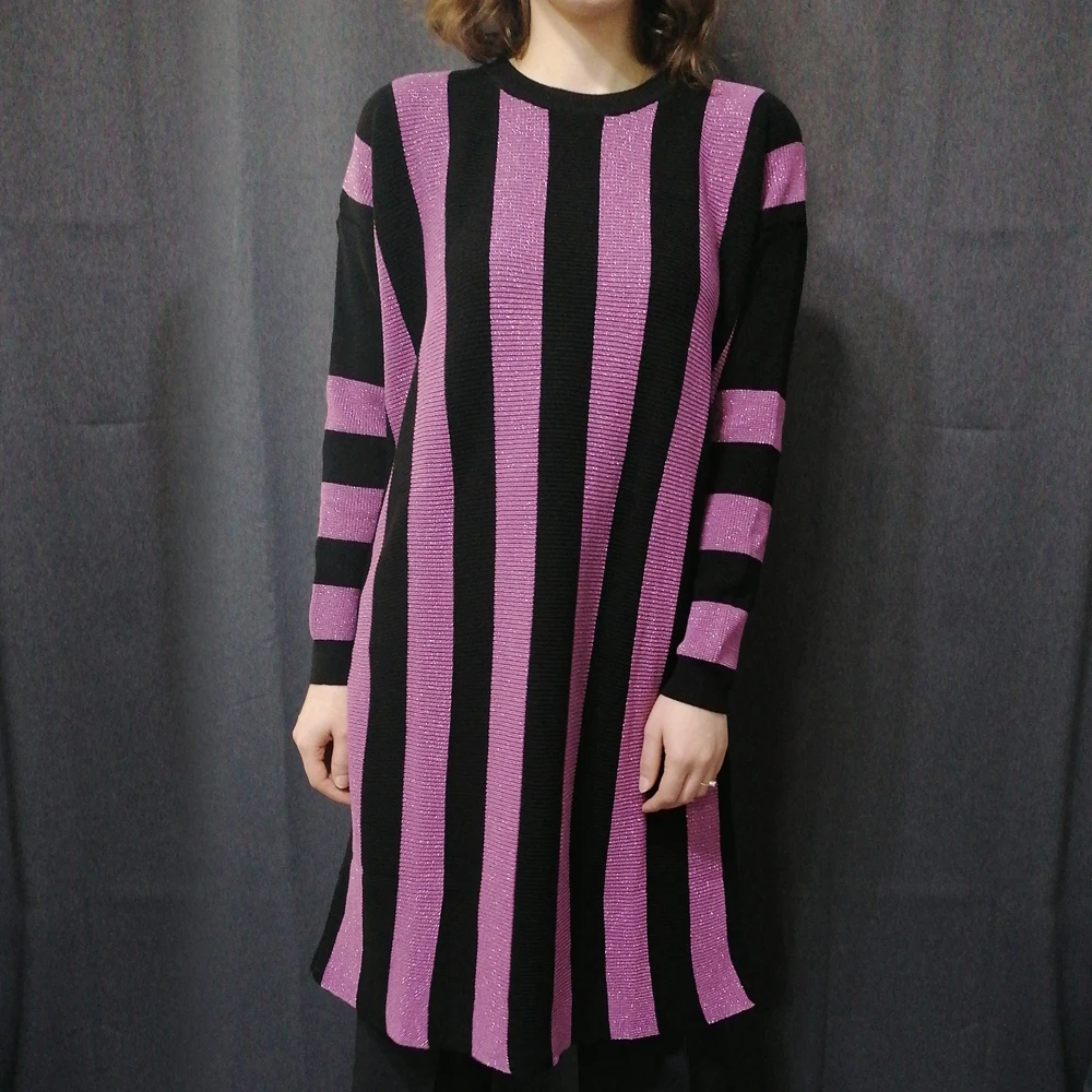 

LONG SLEEVE BLACK PURPLE WHITE COLORED STRIPED KNIT KNIT TUNIC 2020 FALL WINTER CASUAL DAILY WOMEN DRESS