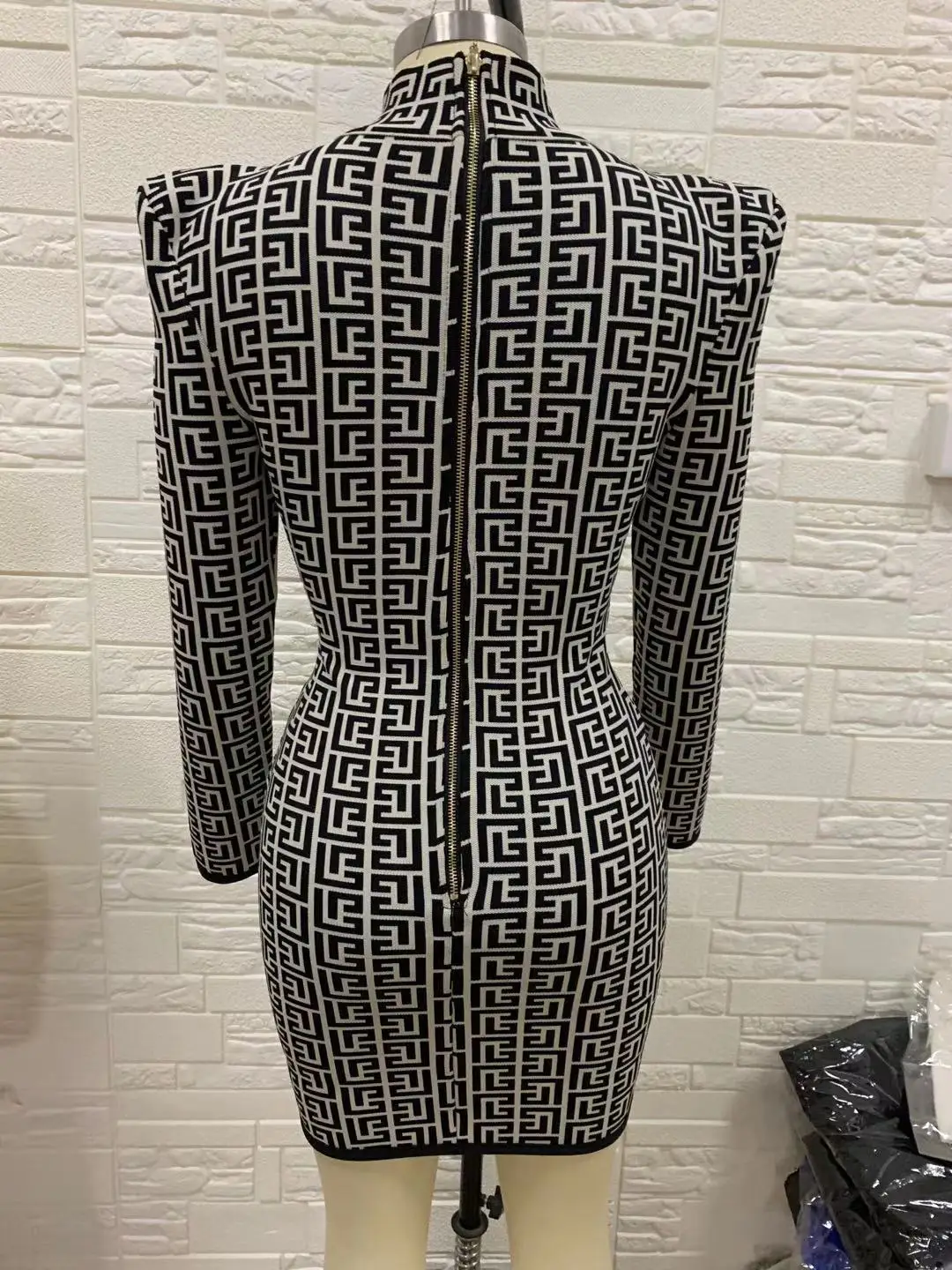 High Quality Black Full Sleeve Jacquard Mini Bandage Dress 2021 Celebrity Designer Fashion Evening Party Dress