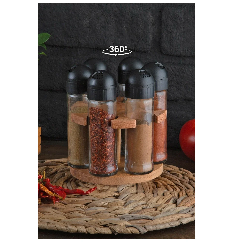 6'Lı Rotating Spice Rack Set Glass Wood With Stand Cover Salt And Pepper Shakers Condiment Pepper Jar Kitchen Storage Rack Organizer Dropshipping