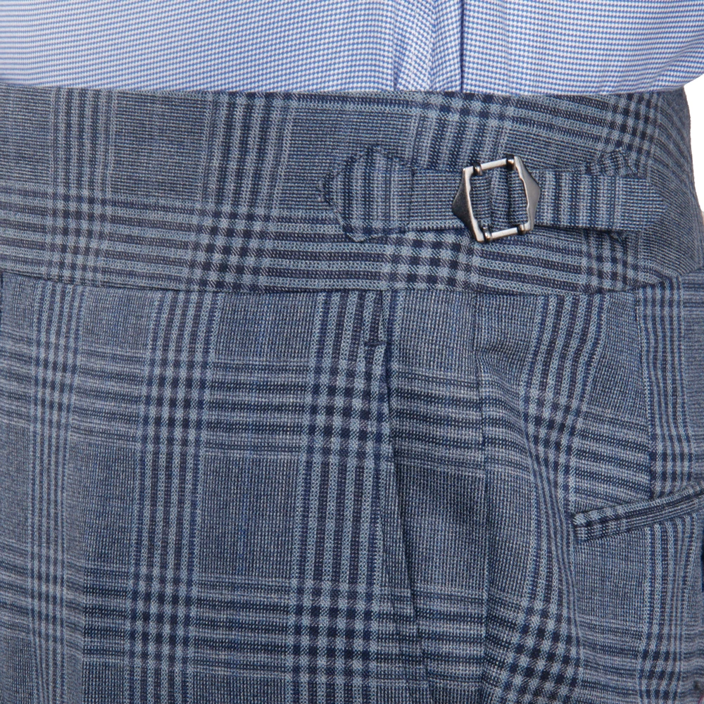 Italian Naples Style Tailor Made Trousers Large Extended Tab Fastening Belt Thick Waistband Side Adjuster Blue Grey Plaid Tailor