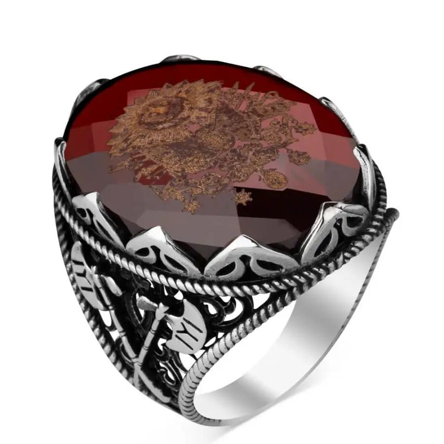 

Silver Mens Ottoman Crest Ring with Red Zircon Stone Fashion Turkish Premium Quality Handmade Jawelery