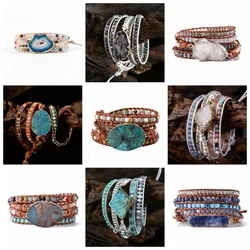 Unique Mix Strands Leather Bracelet Multicolor Natural Stone Woven Wrap Bracelets Bohemian Bracelet Drops Hipping
