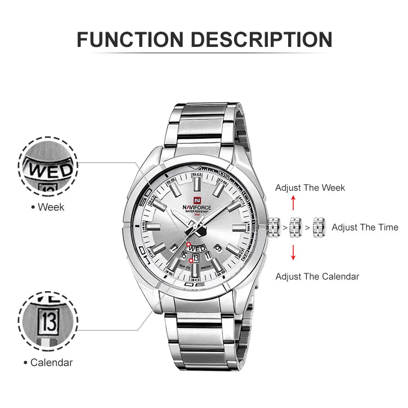 NAVIFORCE Luxury Brand Watch For Men Business Classic Quartz Watch Man Stainless Steel Waterproof Date Wristwatch Siliver Clock