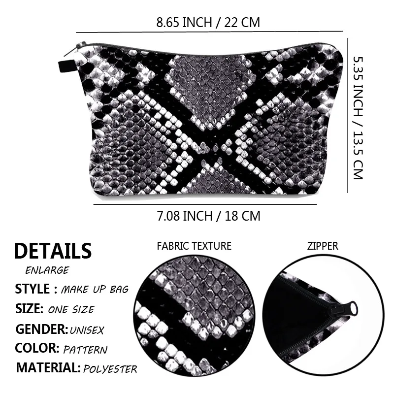 Snakeskin 3D Printing Makeup Bag Fashion Cosmetic Organizer Bag Women Brand Storage Bag Female Purse Student Pressed powder Bag