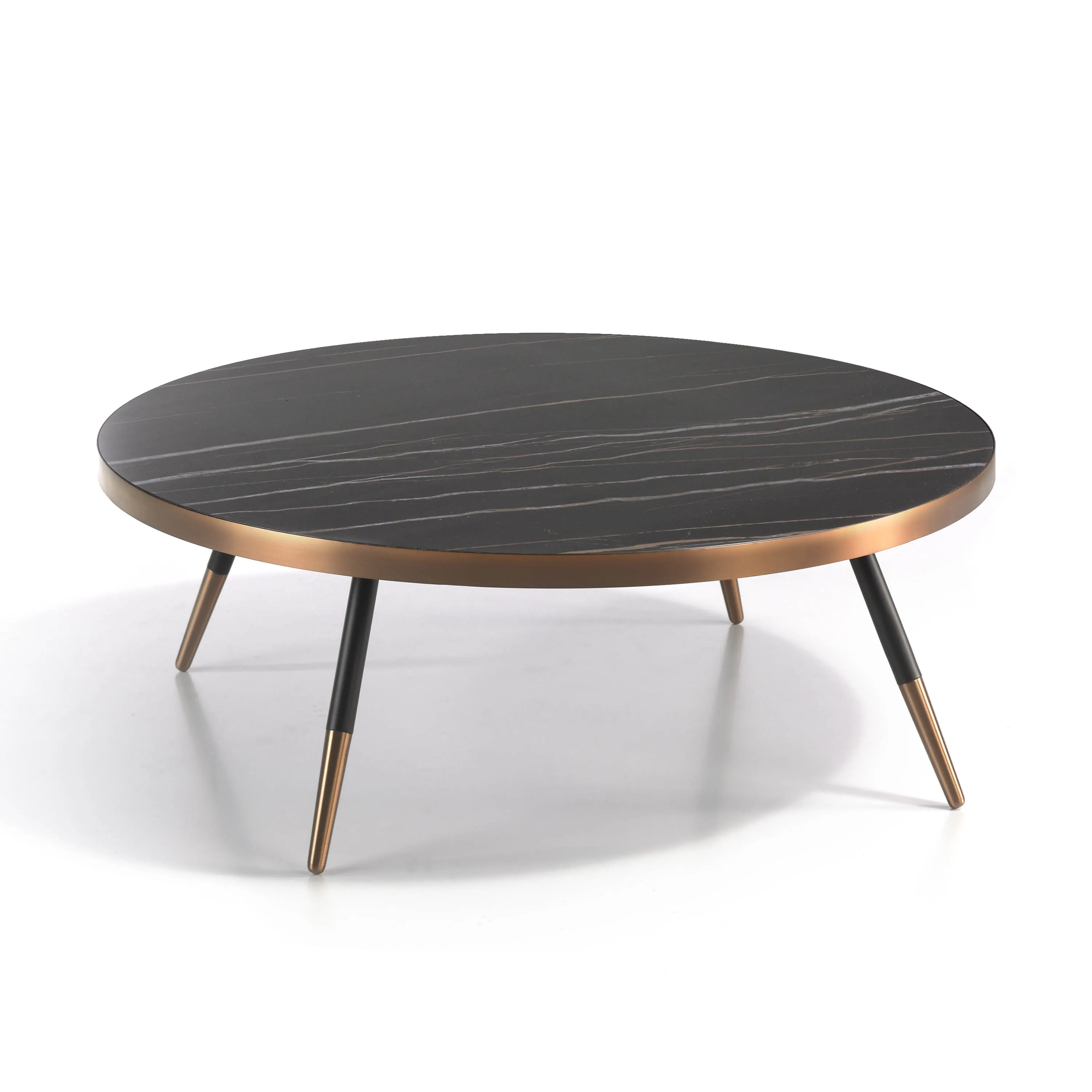 Coffee table 2068 Angel Cerdá-round center table made of porcelain finished black marble and metal legs. Circular edge and leg finishes in steel with chrome bath finished in bronze tone.