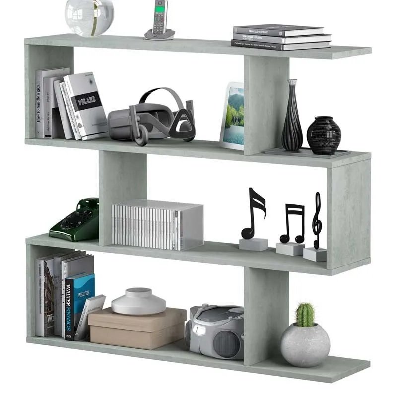 Cement-colored low Pluton shelf, bookcase shelves, office room shelf, modern style shelf. Measures: 97x110x24 cm