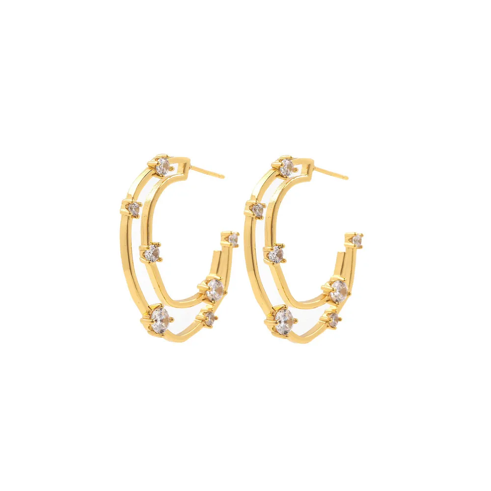 

Micropavé CZ Earrings,Golden Moon Stud Earrings,Fashionable Women's Fine Line Jewelry 34.5mm